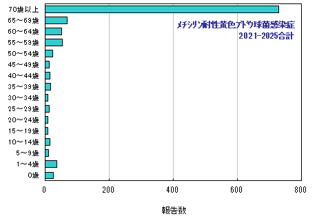 グラフ:過去5年間の年齢階層別報告数 2024年まで合計