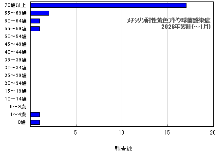 グラフ:年齢階層別報告数 メチシリン耐性黄色ブドウ球菌感染症 今年の累計