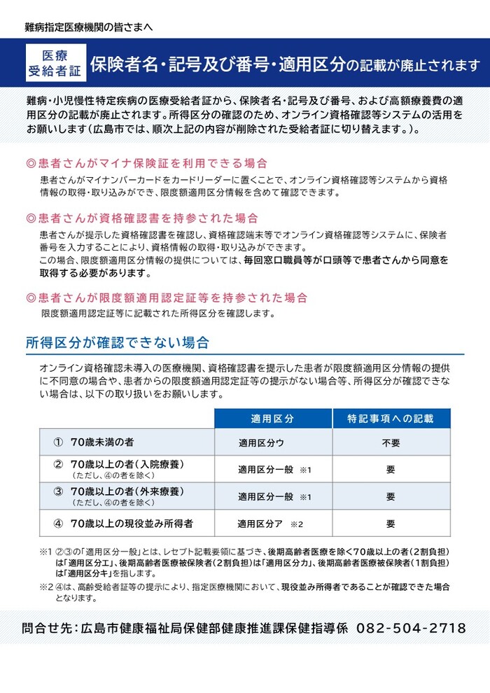 『難病指定医療機関の皆さまへ』（【広島市】保険者照会周知用リーフレット）