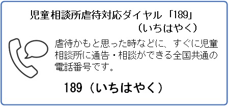 児童相談所虐待対応ダイヤル 虐待かもと思った時などに、すぐに児童相談所に通告・相談ができる全国共通の電話番号です。189(いちはやく)