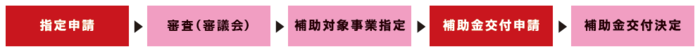 イラスト：手続きの流れ　1.指定申請　2.審議会　3.補助対象事業指定　4.補助金交付申請　5.補助金交付決定