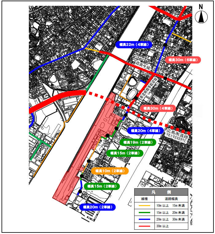 地図：跡地主要道路の幅員