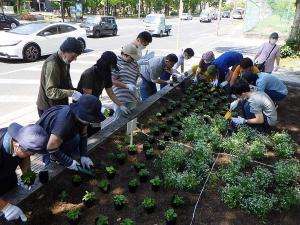 写真：作業所わくわく　花の植替え作業の様子1