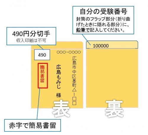 イラスト:封筒 表面:490円分切手(収入印紙は不可)、赤字で「簡易書留」と記載 裏面:自分の受験番号※封筒のフラップ(折り曲げたときに隠れる部分)に、鉛筆で記入してください。