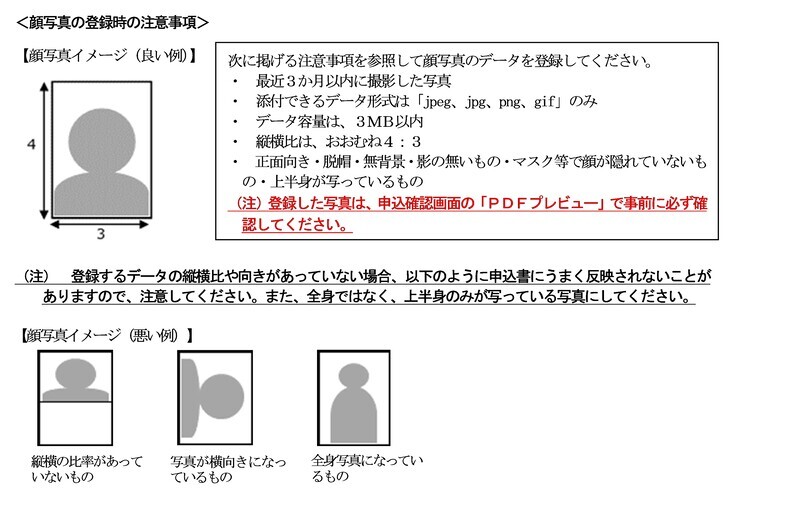 画面：顔写真の登録時の注意事項