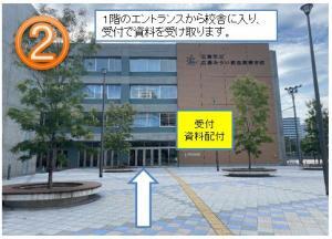 写真：一階のエントランスから校舎に入り、受付で資料を受け取ります。受付資料配布