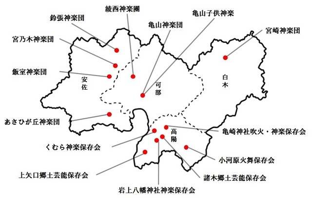 安佐北区内神楽団の活動分布図