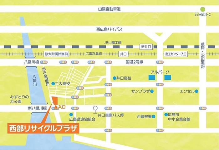 西部リサイクルプラザの位置図。南側入口から入ってください。