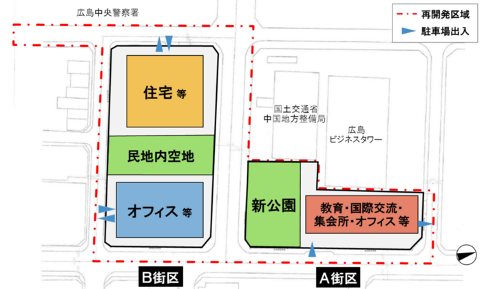 区域の北にA街区、区域の南西にB-1街区、区域の南側にB-2街区が配置されている