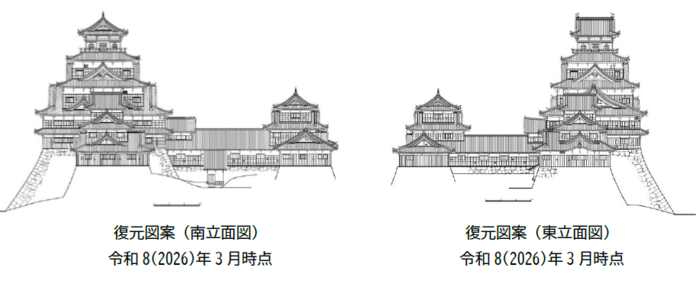 令和8年3月時点の復元図案（南立面図及び東立面図）