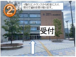 写真:一階のエントランスから校舎に入り、受付で資料を受け取ります。受付資料配布