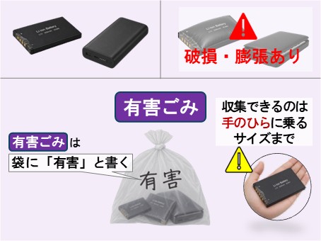 破損・膨張したものも含めて有害ごみです。有害ごみは袋に有害と書いてください。