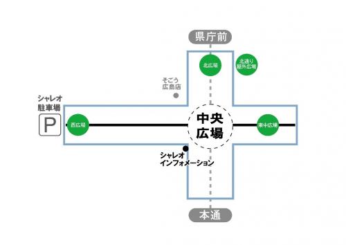地図:シャレオの中央、東中、西、北、北通り屋外の各広場