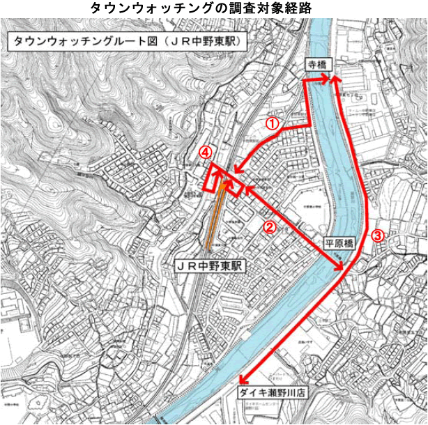 JR中野東駅　タウンウォッチングの調査対象経路は1、2、3班に分けて行った。