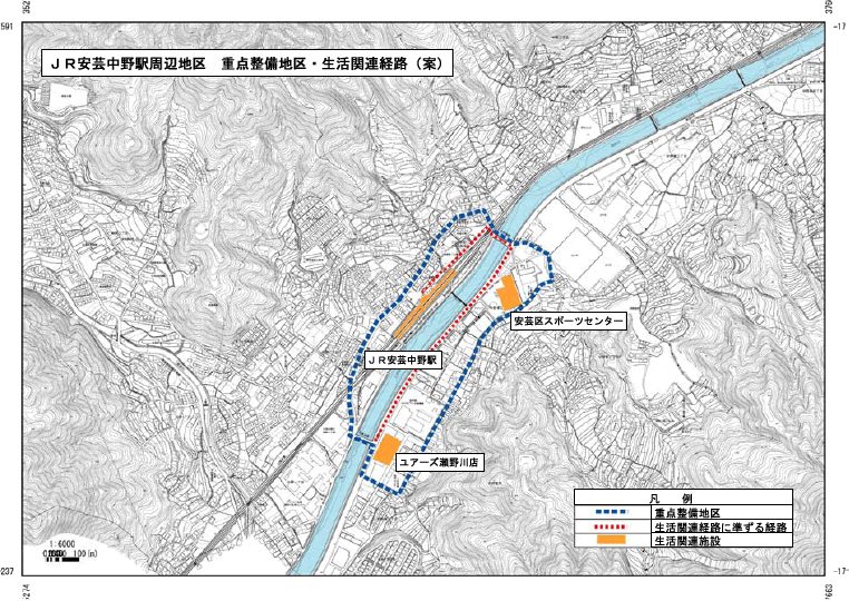 JR安芸中野駅周辺地区のバリアフリー基本構想では、公共交通機関のバリアフリー化の推進、歩行空間のバリアフリー化の推進などがあげられる。