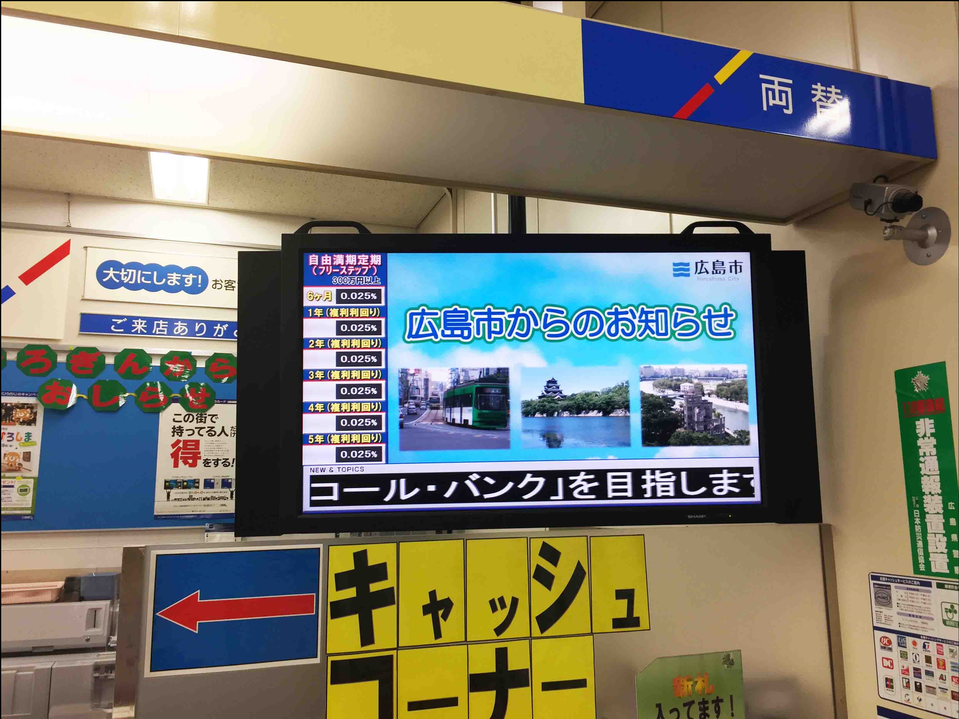 広島銀行の店頭におけるデジタルサイネージの様子の画像