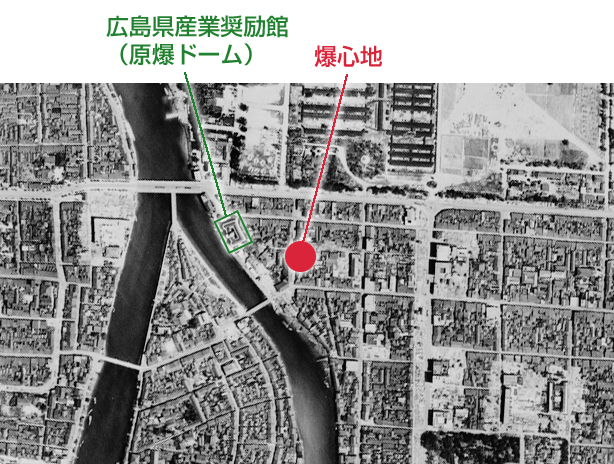 広島県産業奨励館(原爆ドーム)と爆心地の位置の写真
