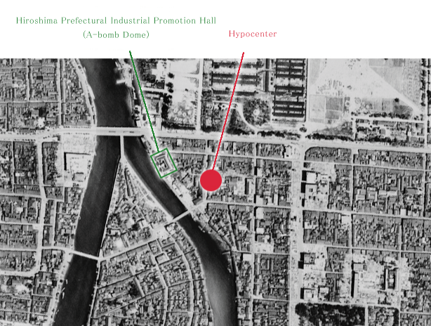Photo showing the location of the Hiroshima Prefectural Industrial Promotion Hall (Atomic Bomb Dome) in relation to the hypocenter 