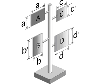 円柱からそれぞれ独立して突き出した広告物A、B、C、D