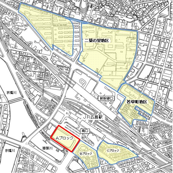 広島駅南口Ａブロック市街地再開発事業の施行場所図