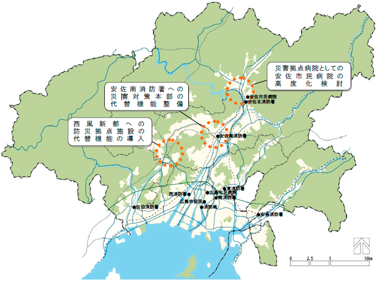広島市内の防災拠点施設と災害対策本部の代替機能を有する施設を示し、今後整備していく機能などを示した図